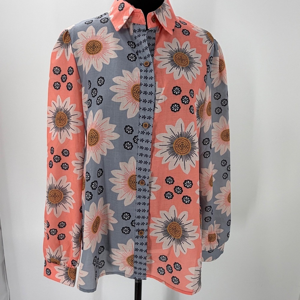 Mazik Button Down Shirt Floral Daisy Colorblock Size S Pink Blue Boho Retro